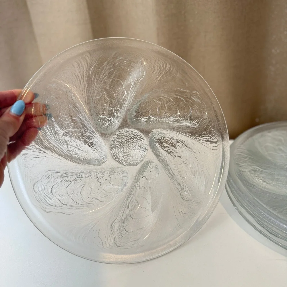 Set of 5 Vintage Clear Glass Oyster Plates Embossed Shell Design Coastal Decor